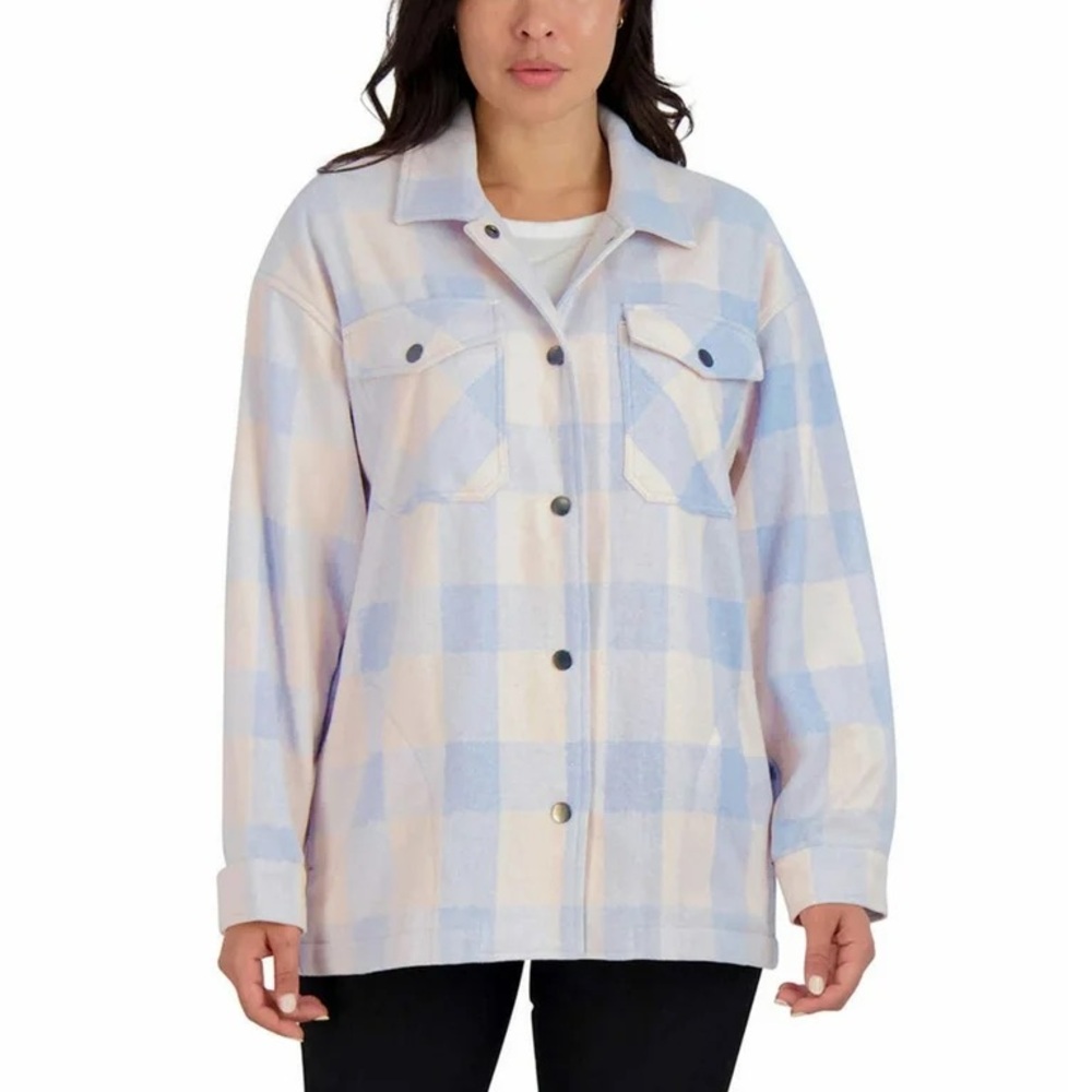 HFX Women's Relaxed Fit Front Snap Cozy Plaid Shirt Jacket- Large